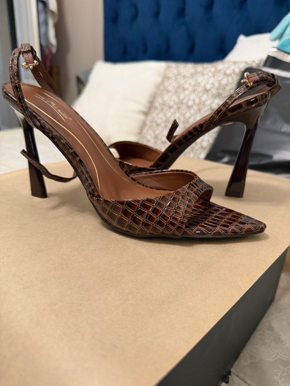 Anne Michelle Brown Croc-Embossed Pointed Slingback Stiletto Heels